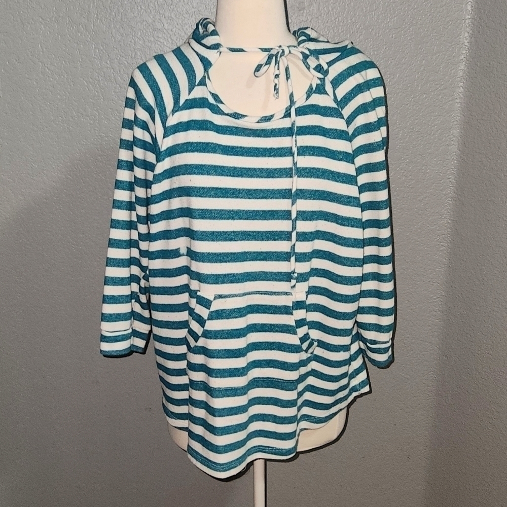Monteau Green and White Striped Hooded Top with Pockets XL